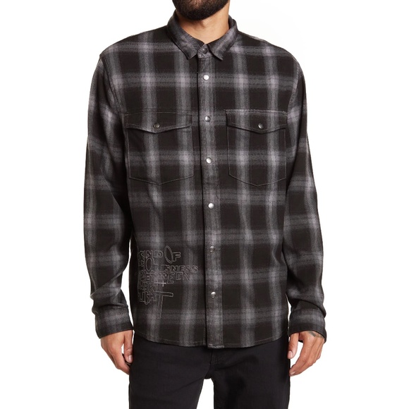 NWT Ksubi Consciousness Plaid Print Flannel Shirt Men's Size XL Ombre Gray Black - Picture 2 of 16
